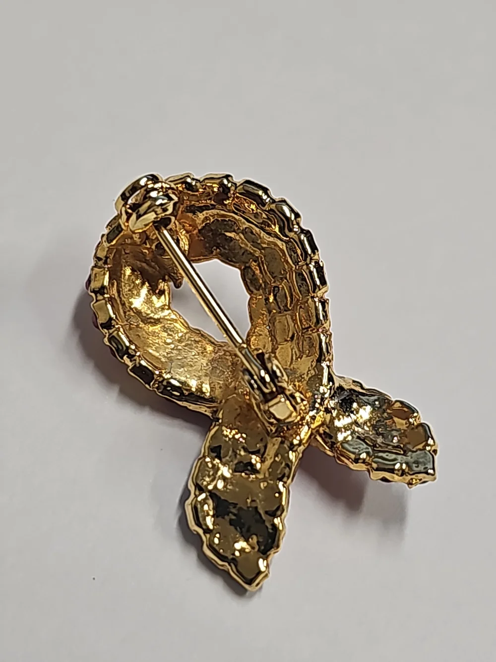 Gold-Tone Ribbon Crystal Brooch in Red, Blue, and Clear Cancer Awareness Pin